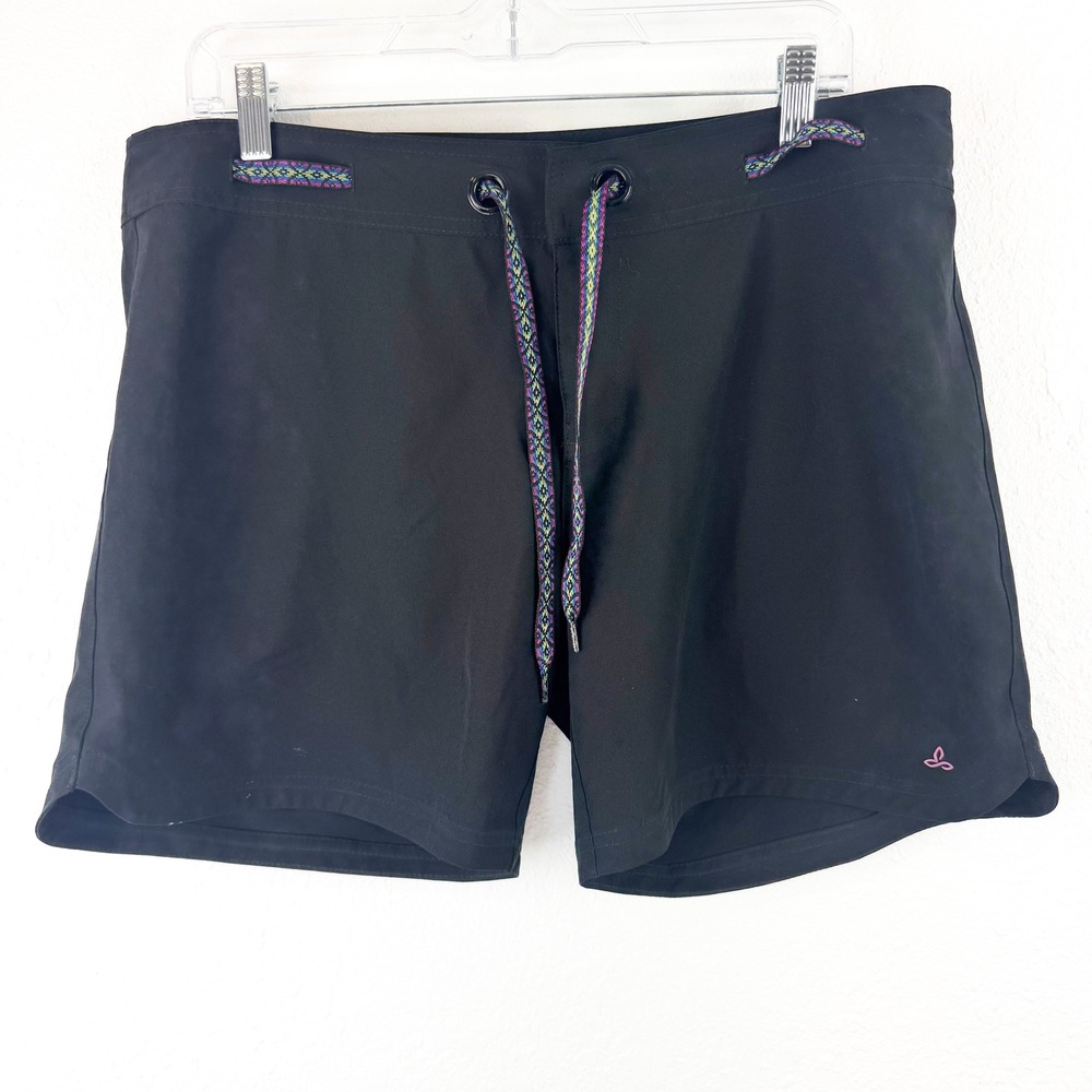 Prana Womens Black Recycled Polyester Stretch Board Shorts Size L Geometric Trim